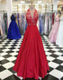 Elegant Halter Red Satin Prom Dresses with Lace Long Party Gowns 2018